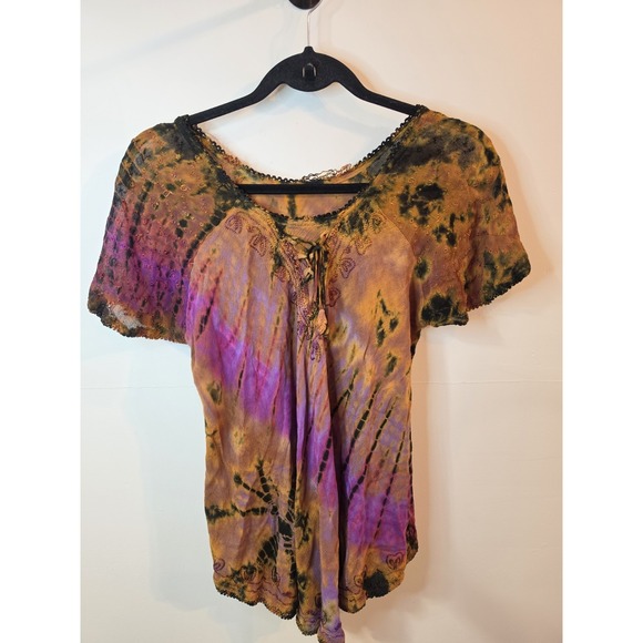 The Unbranded Brand Tops - Boho Tie Dye Peasant Top Womens Medium Embroidered Lace Up Festival Hippie...
